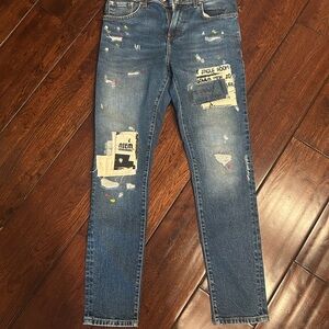 Zara Men's Blue Patched Slim Straight Jeans